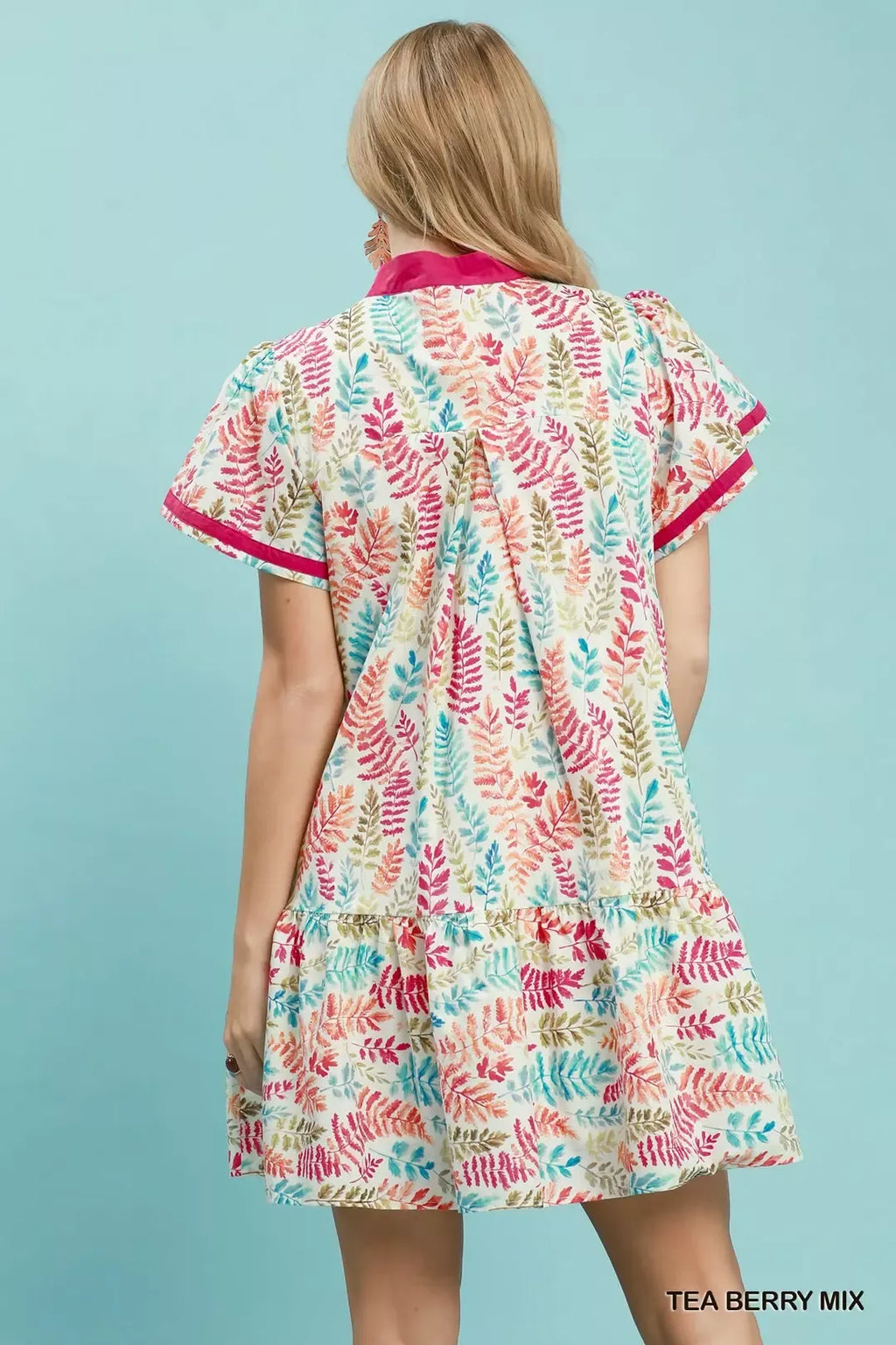 Umgee Leaf Print Flutter Sleeve Tiered Mini Dress