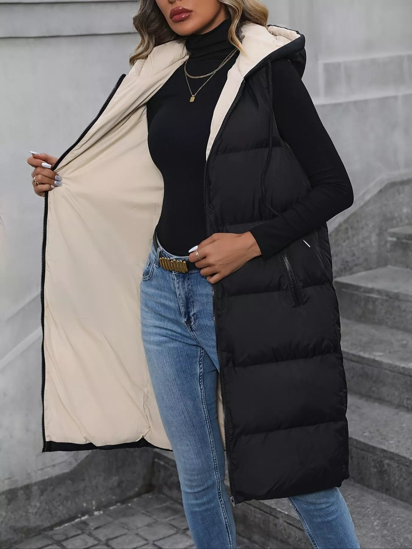Longline Padded Hooded Vest Coat