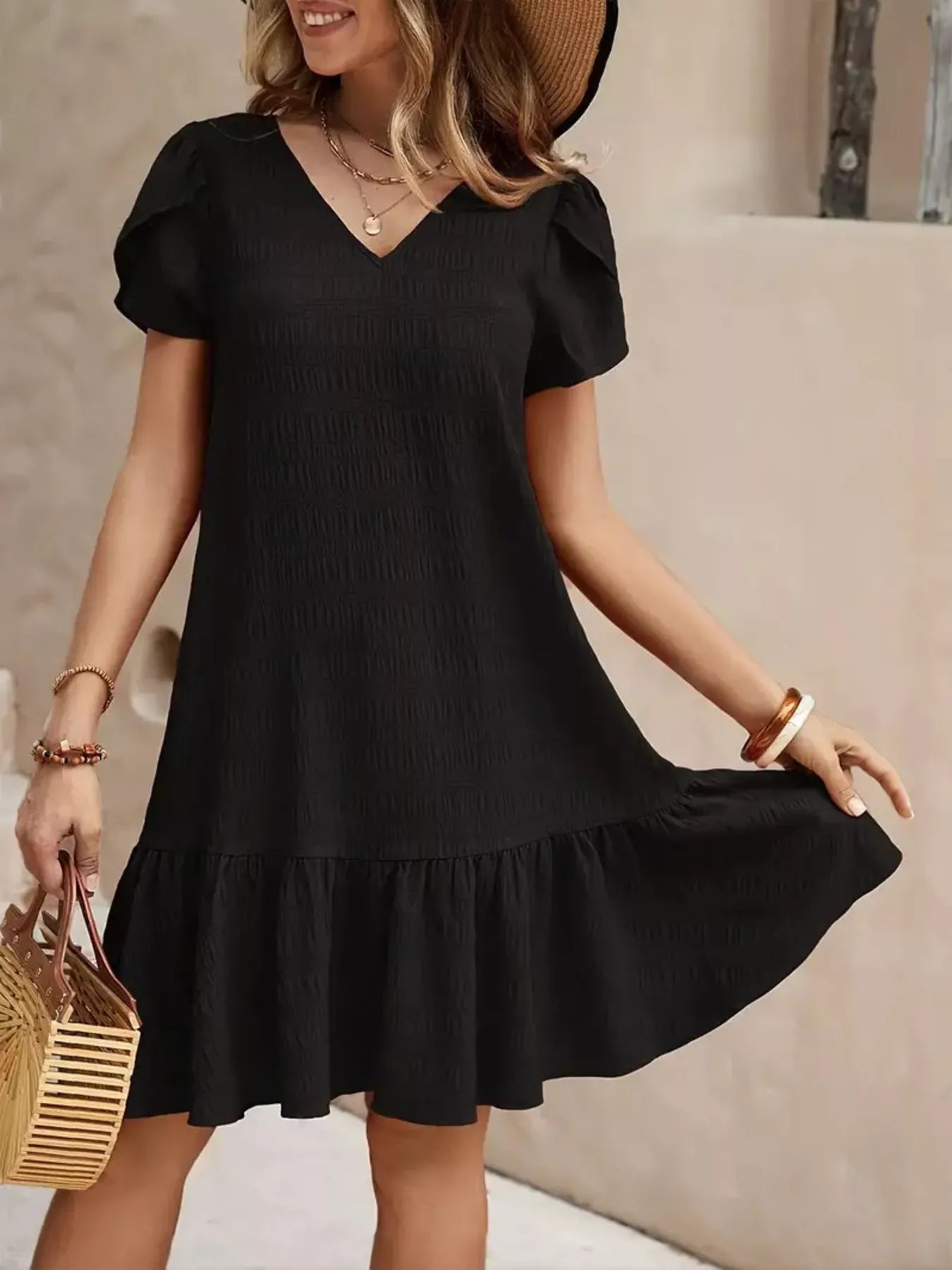V-Neck Ruffle Hem Textured Mini Dress