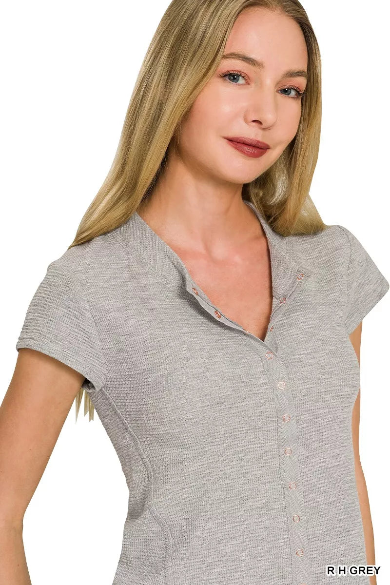 Zenana Double Knit Snap Button Short Sleeve Shirt