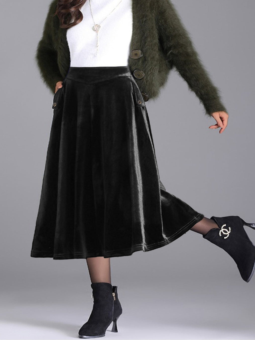 Plus Size Elegant Velvet A-Line Midi Skirt