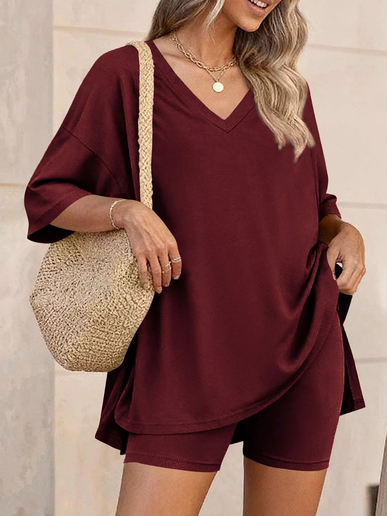 Full Size Casual Loose V-Neck T-Shirt & Shorts Set Plus Size