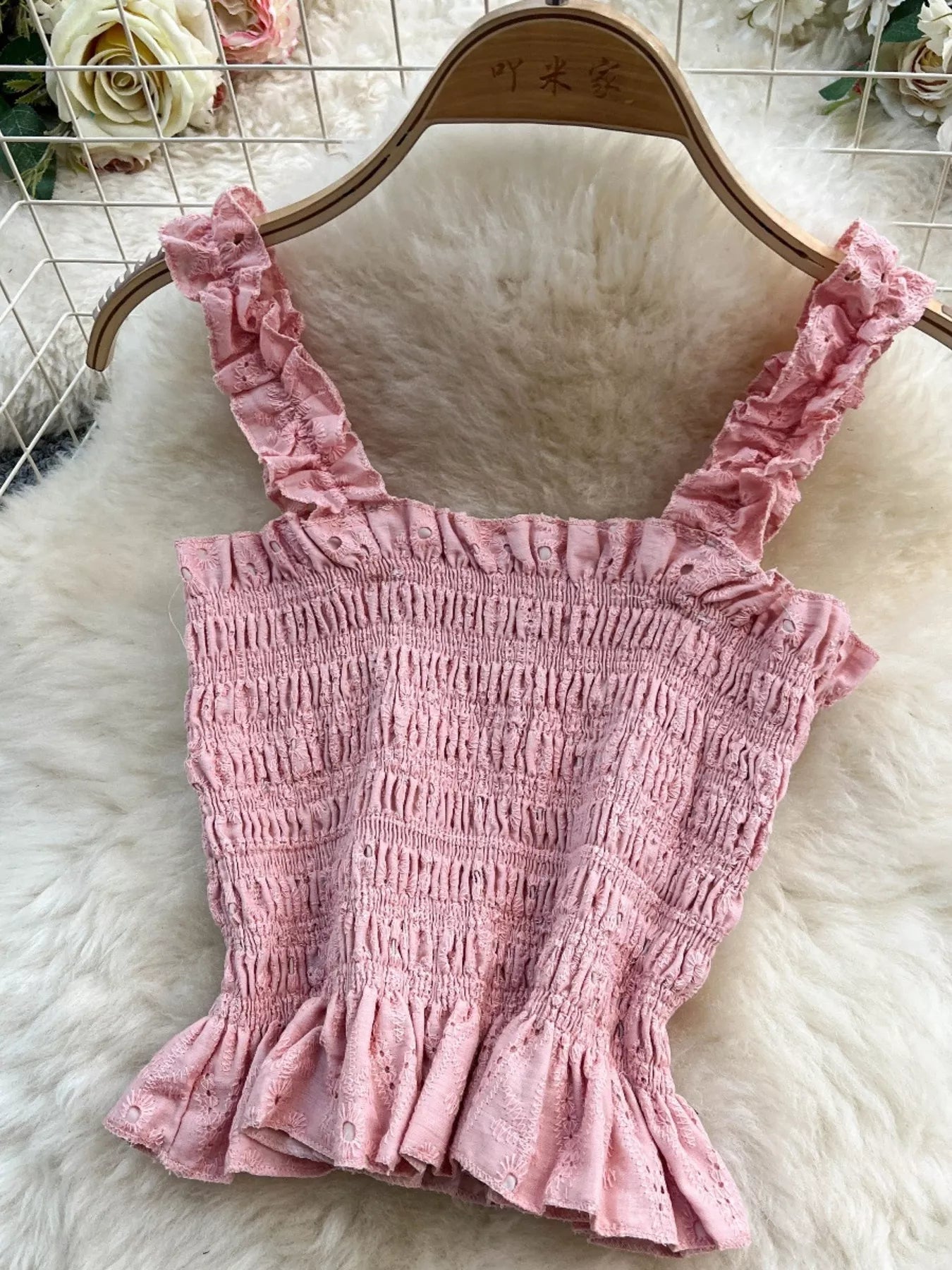Smocked Crop Top and Hollow-Out Skirt Set