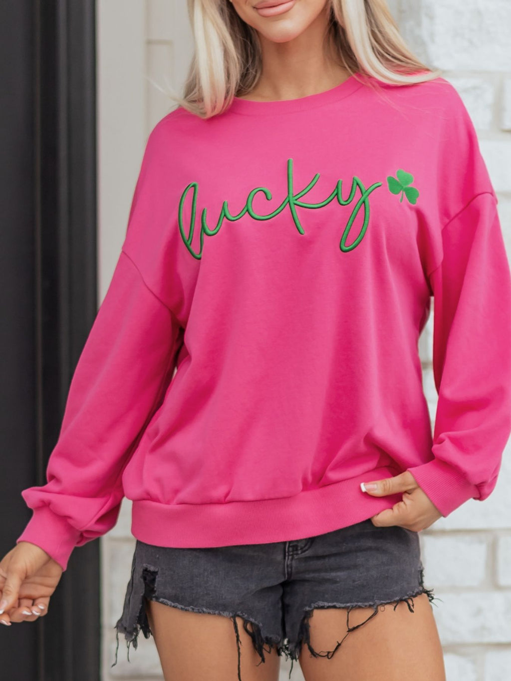 Lucky Clover Embroidered Loose Pullover Sweatshirt
