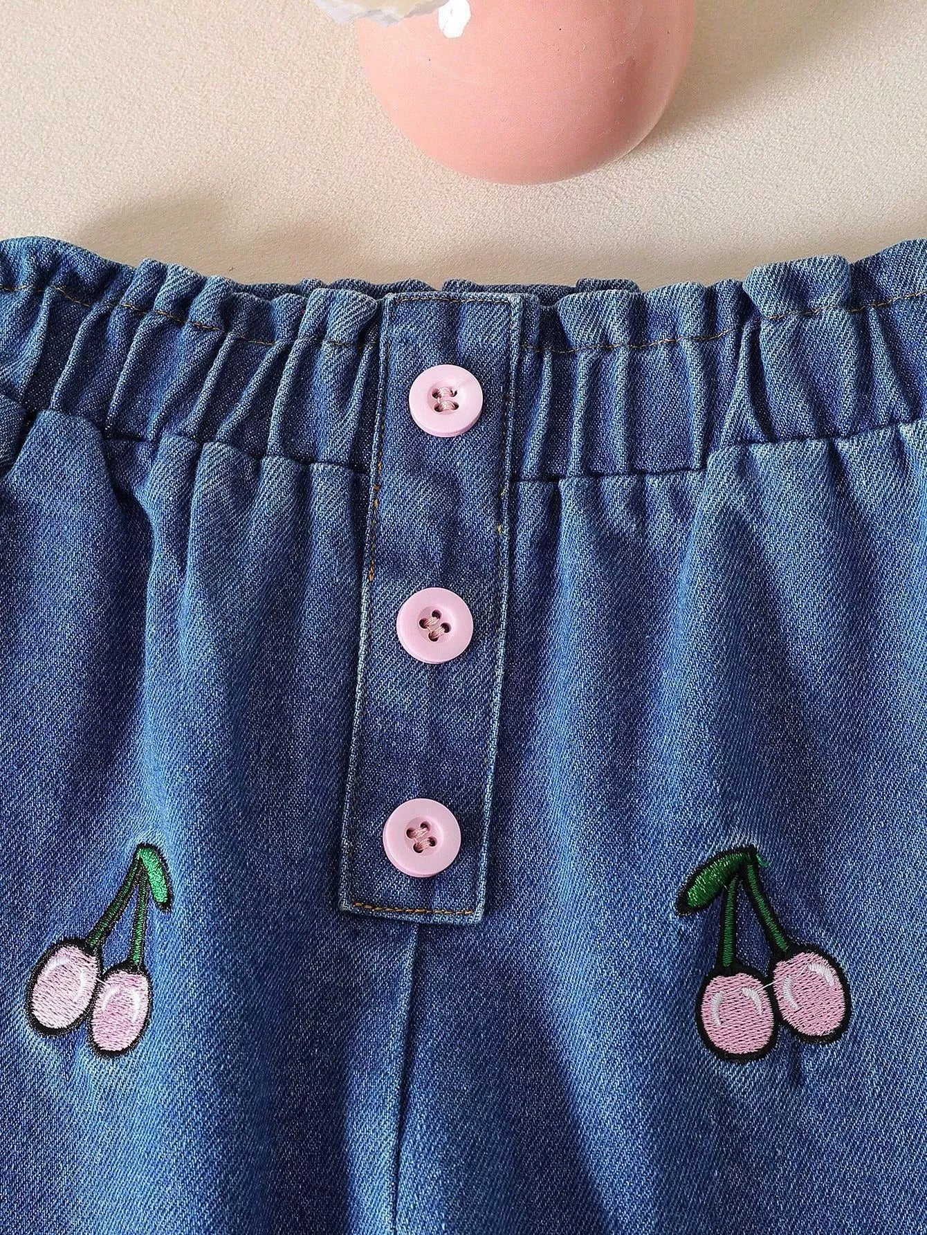 Children's Cherry Embroidered Knit Top and Jeans Set