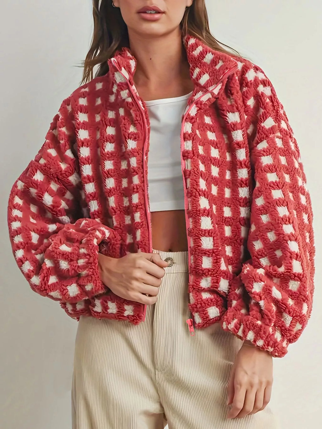 Plaid Zip Up Sherpa Jacket