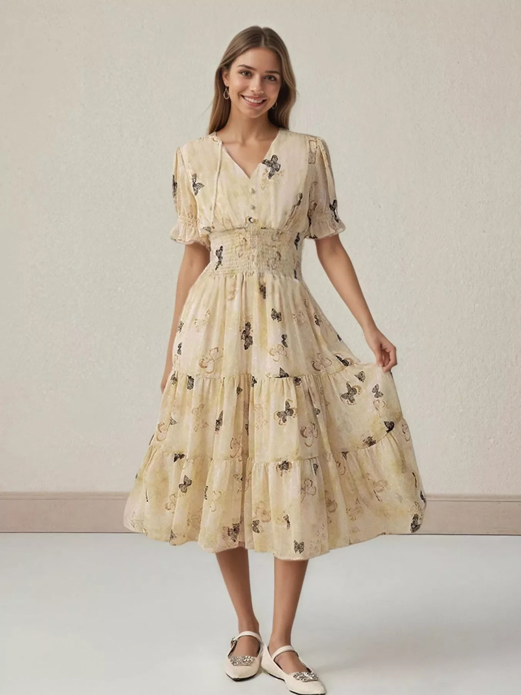 Butterfly Print Smocked Waist Tiered Midi Dress