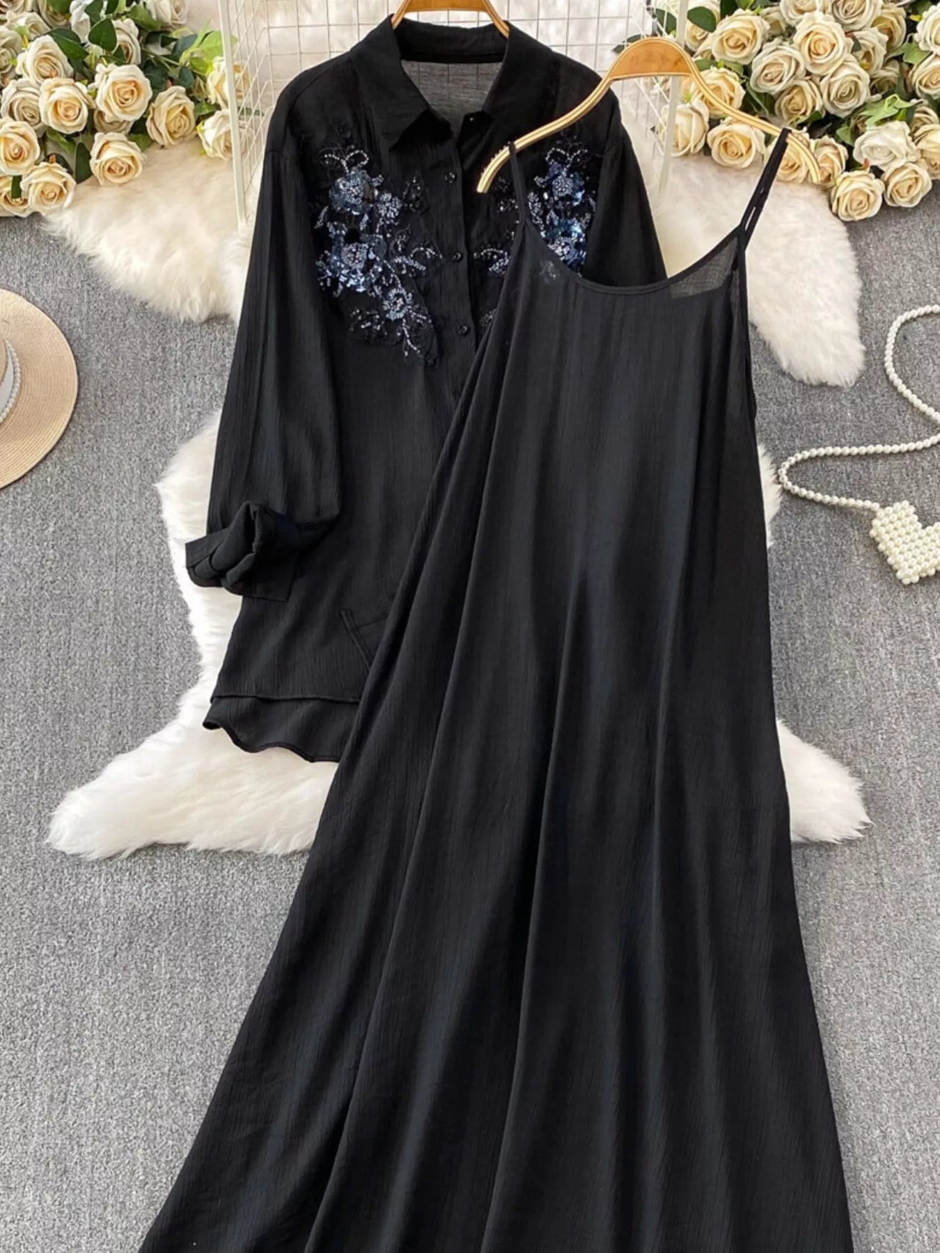 Sequin Flower Button Up Shirt and Cami Dress Set