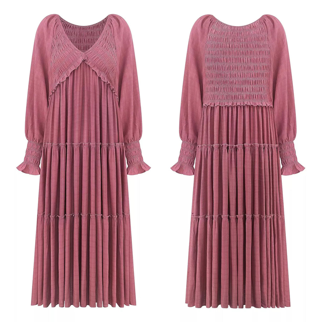 V-Neck Long Sleeve Tiered Maxi Dress