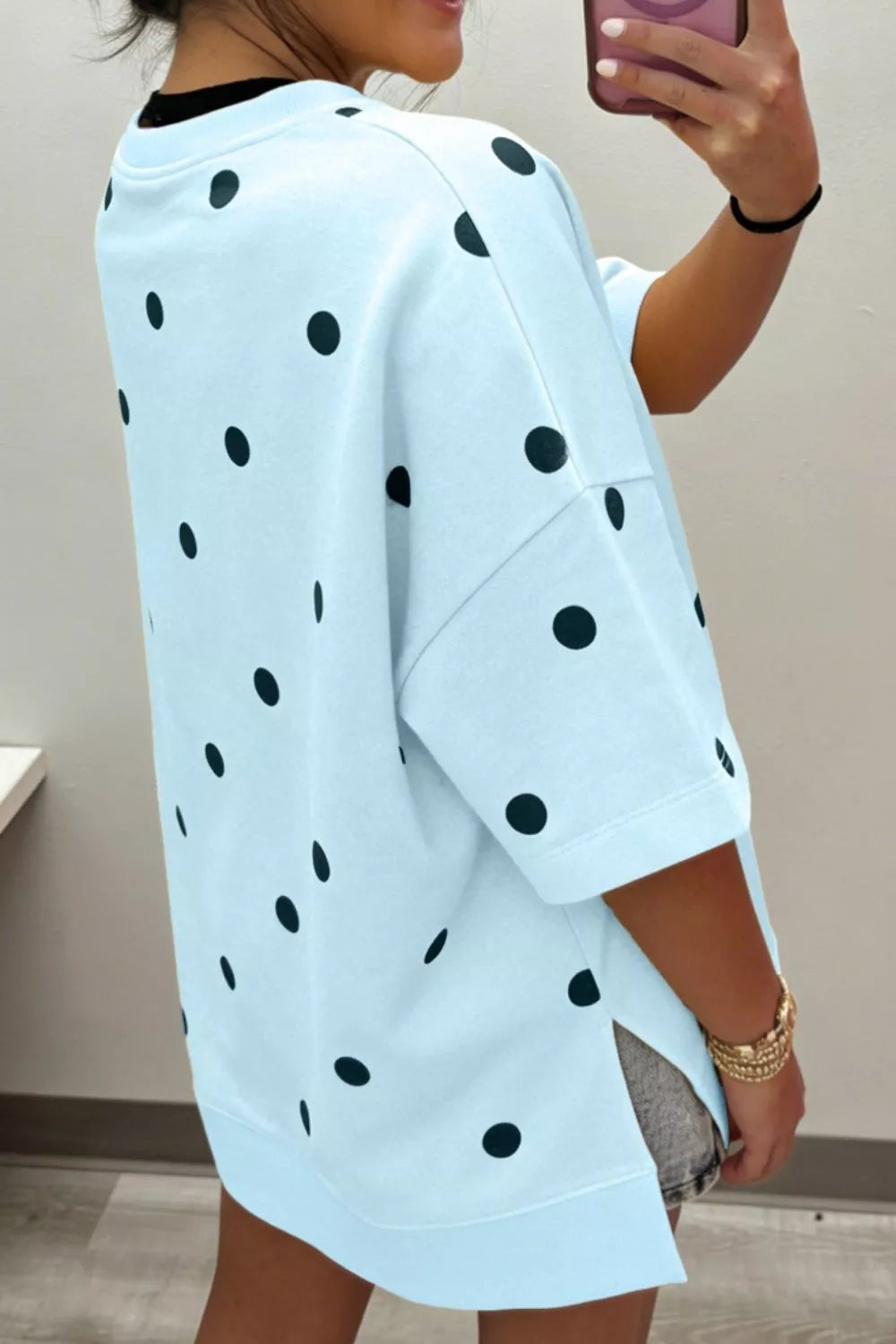 Polka Dot Print Crossed Seam Detail Oversize Tee