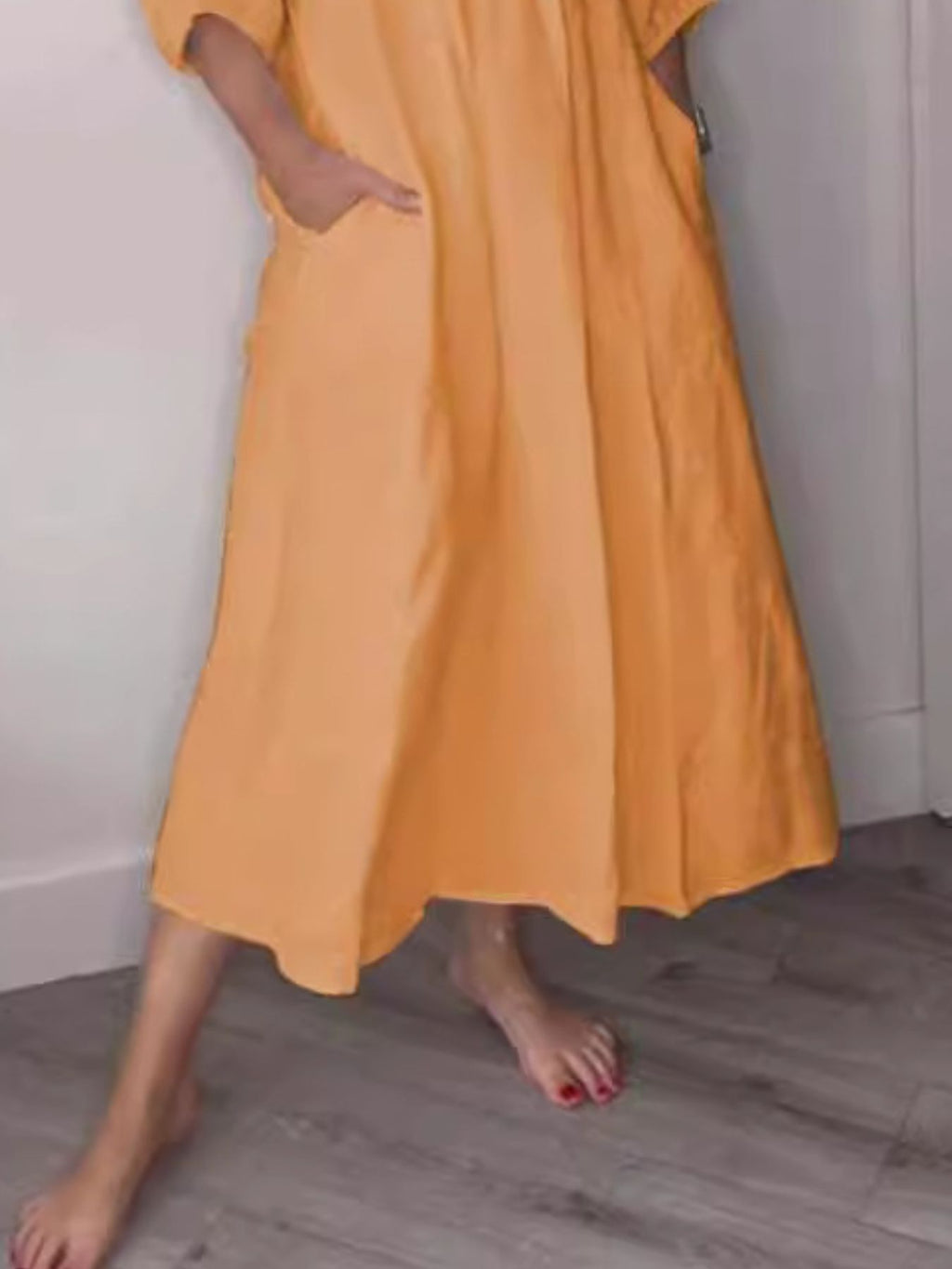 Full Size V-Neck Loose Fit Midi Dress with Pockets Plus Size