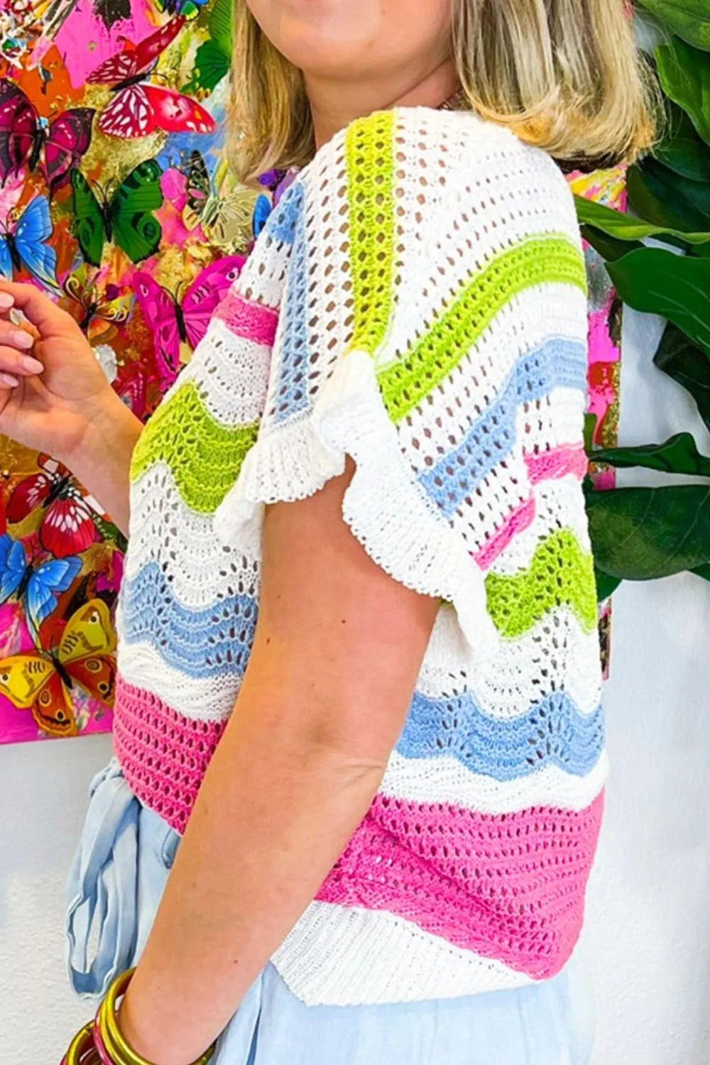 Color Block Crochet Ruffled Short Sleeve Knit Top