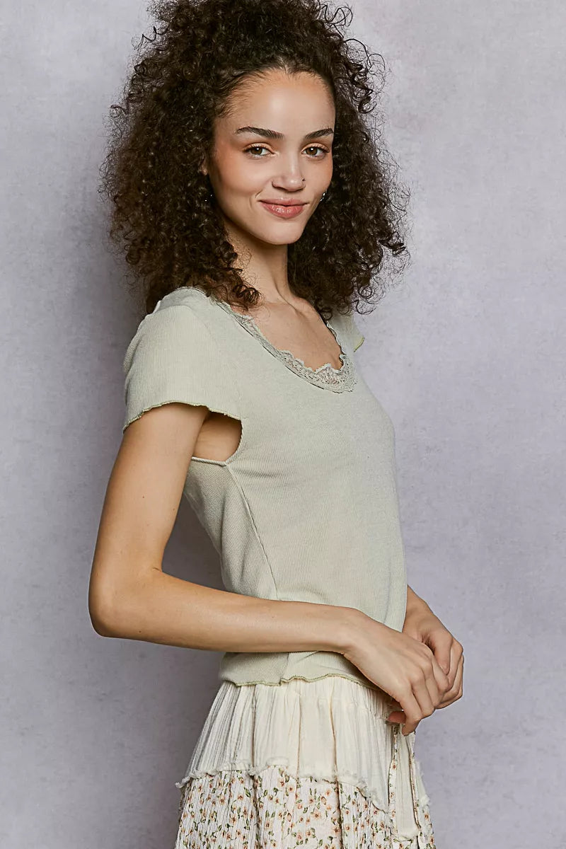 POL Round Neck Short Sleeve Crop T-Shirt with Lace Trim