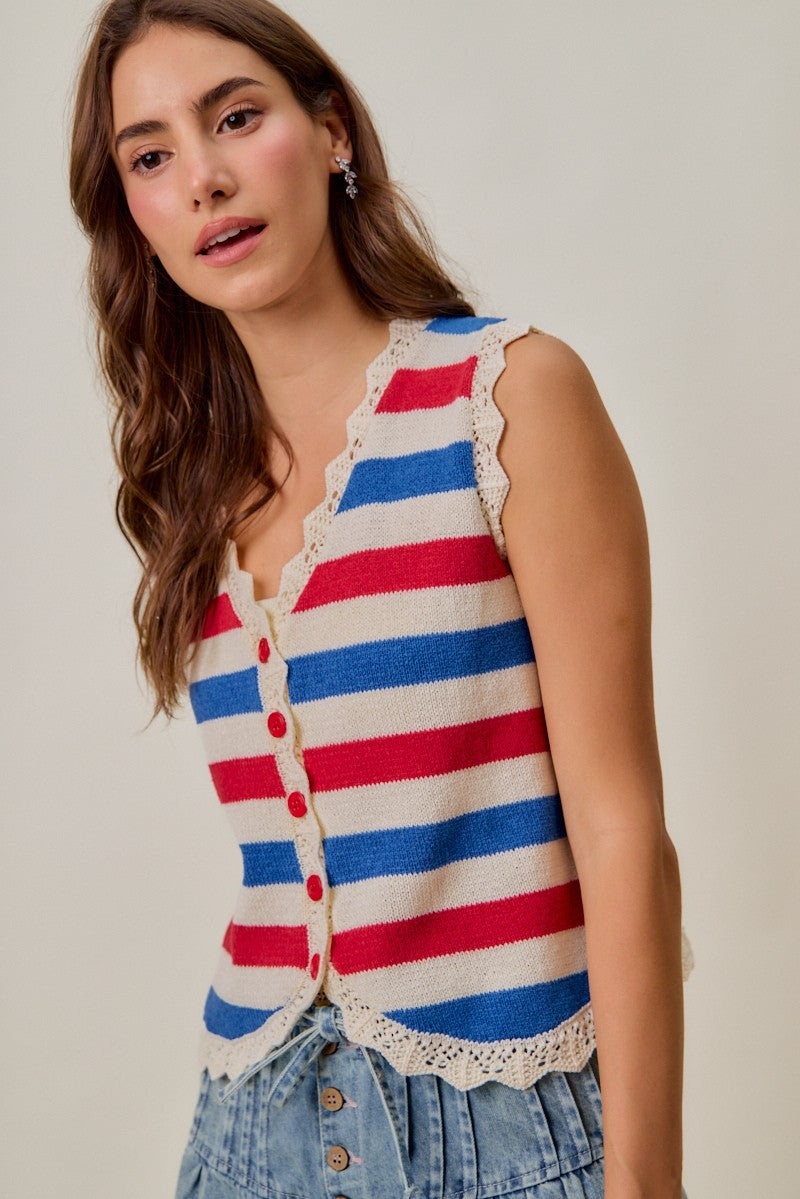 SO ME Fourth Of July Stripe Button Down Vest Top