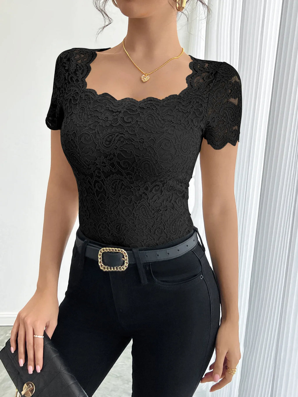 Floral Lace Square Neck T-Shirt