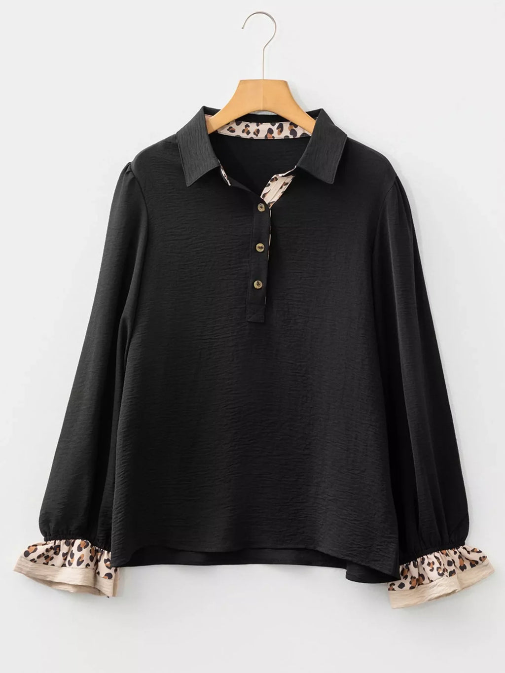 Contrast Leopard Print Patchwork Polo Collar Buttons Front Long Sleeve Blouse