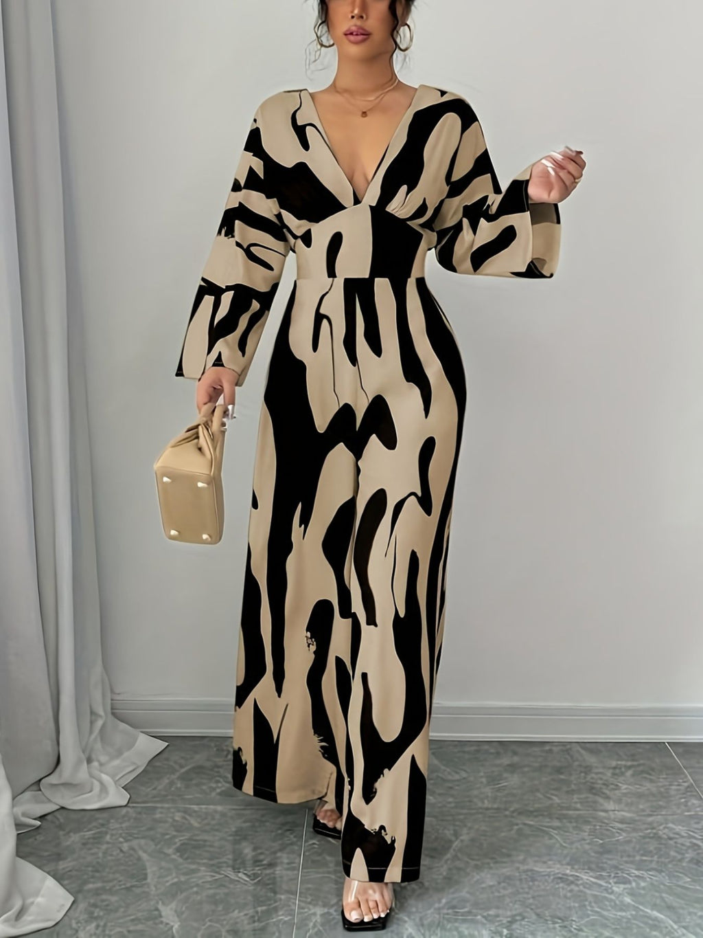 Abstract Print V-Neck Wide Leg Jumpsuit