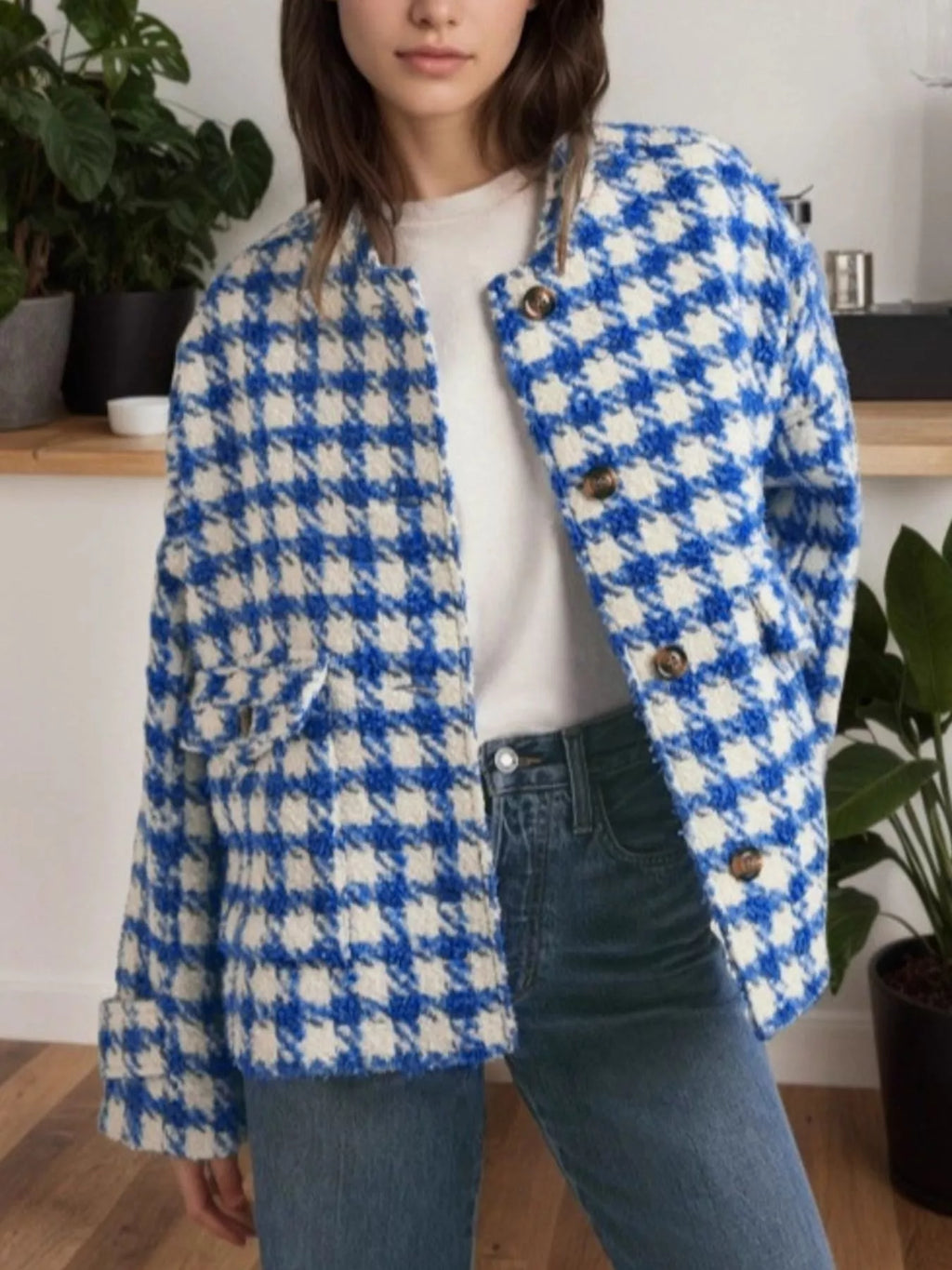 Houndstooth Button Up Long Sleeve Jacket