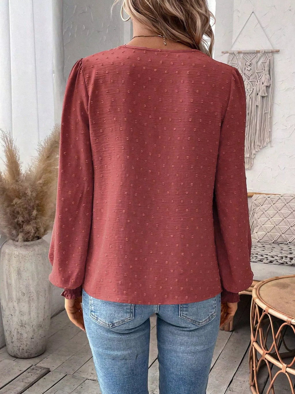 Swiss Dot Lace Detail Long Sleeve Blouse