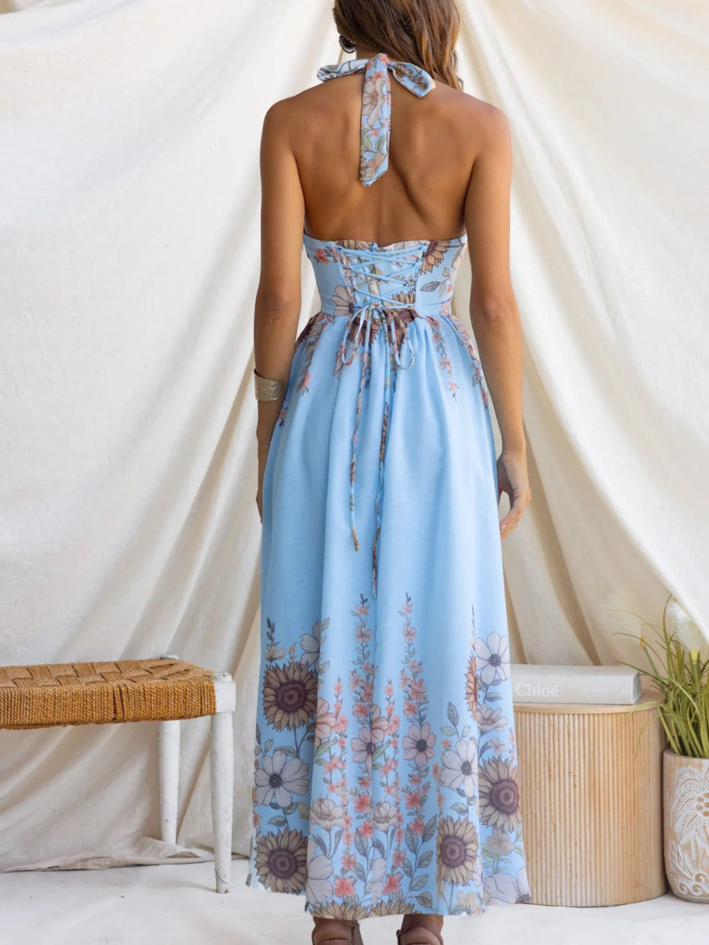 Floral Print Halter Neck Maxi Dress