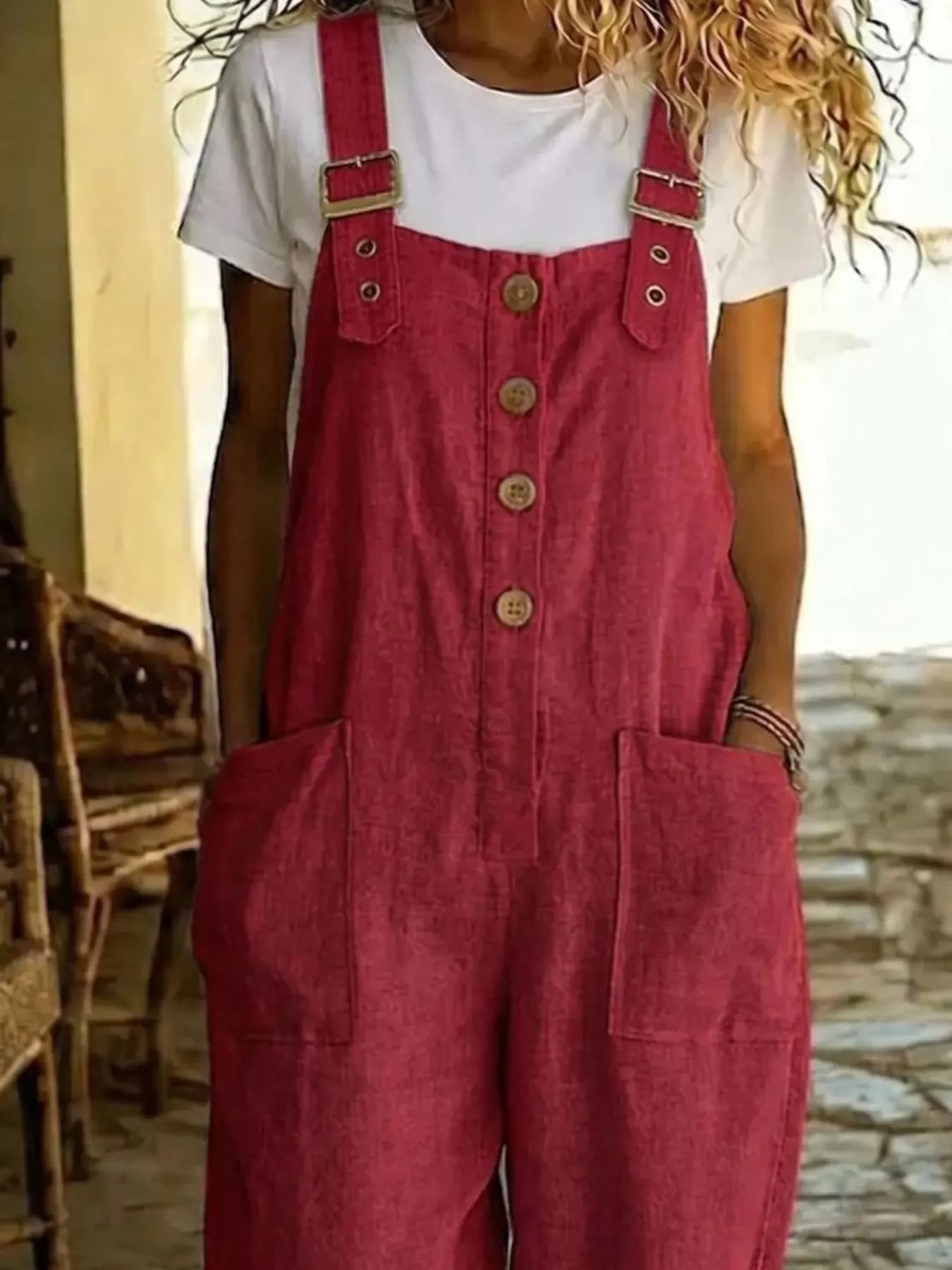 Casual Button Front Wide Leg Overalls