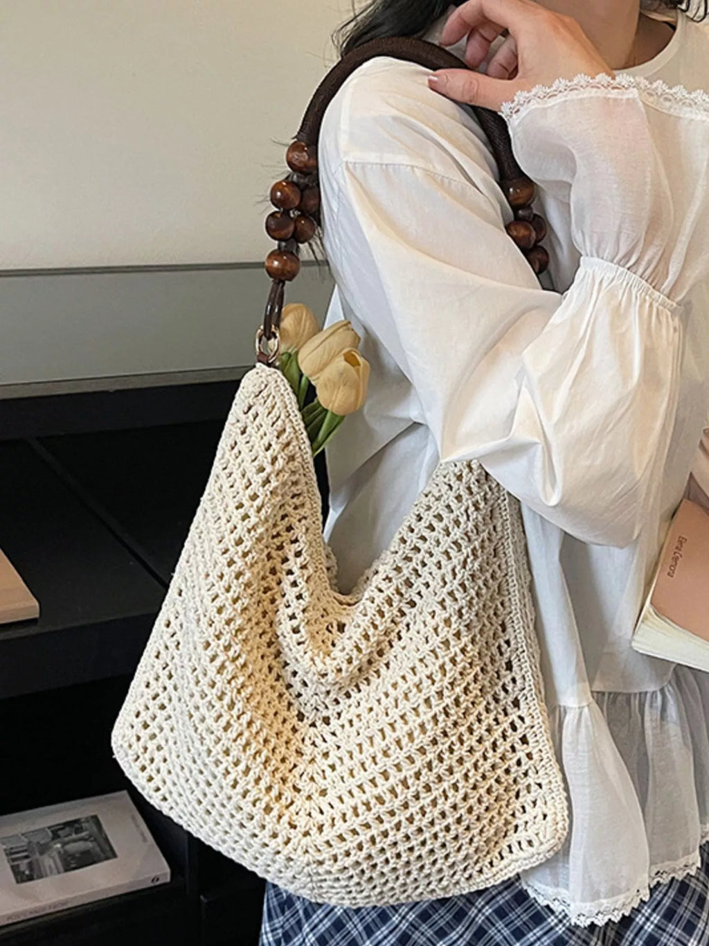 Knitted Shoulder Bag with Wooden Bead Handle