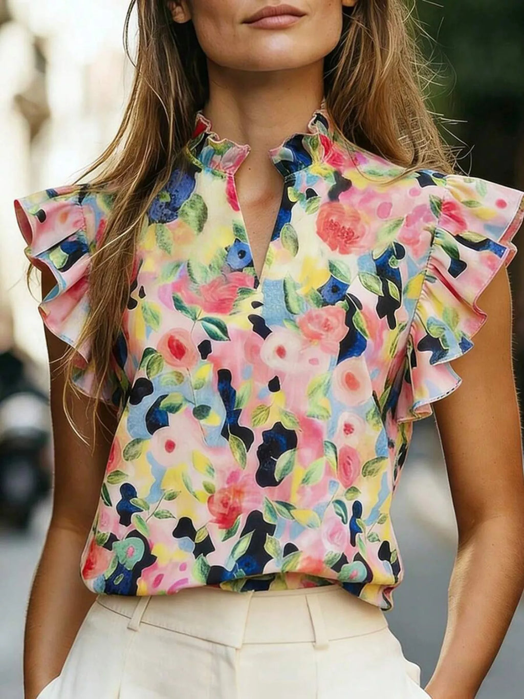 Printed Ruffle Sleeve Blouse