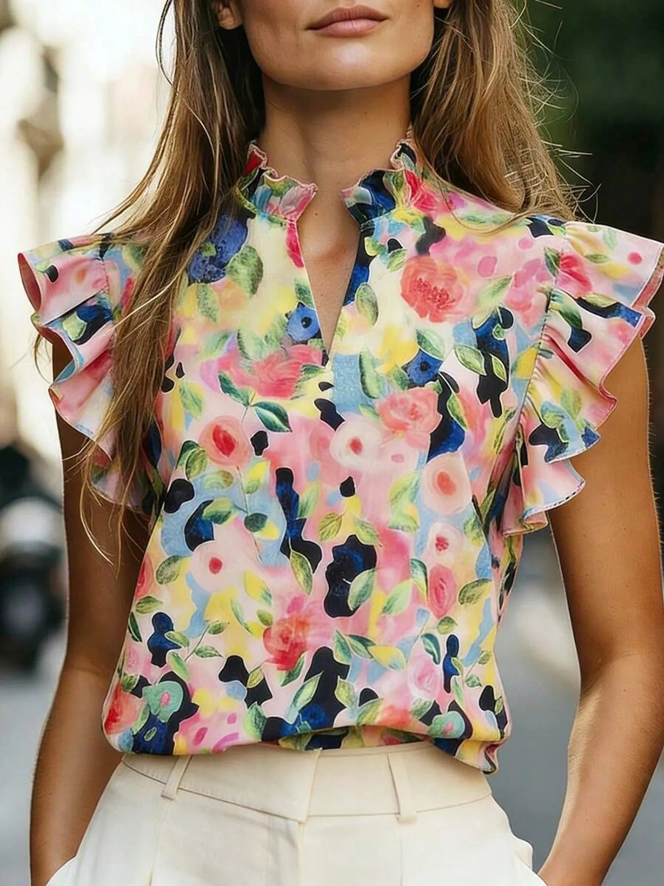 Printed Ruffle Sleeve Blouse