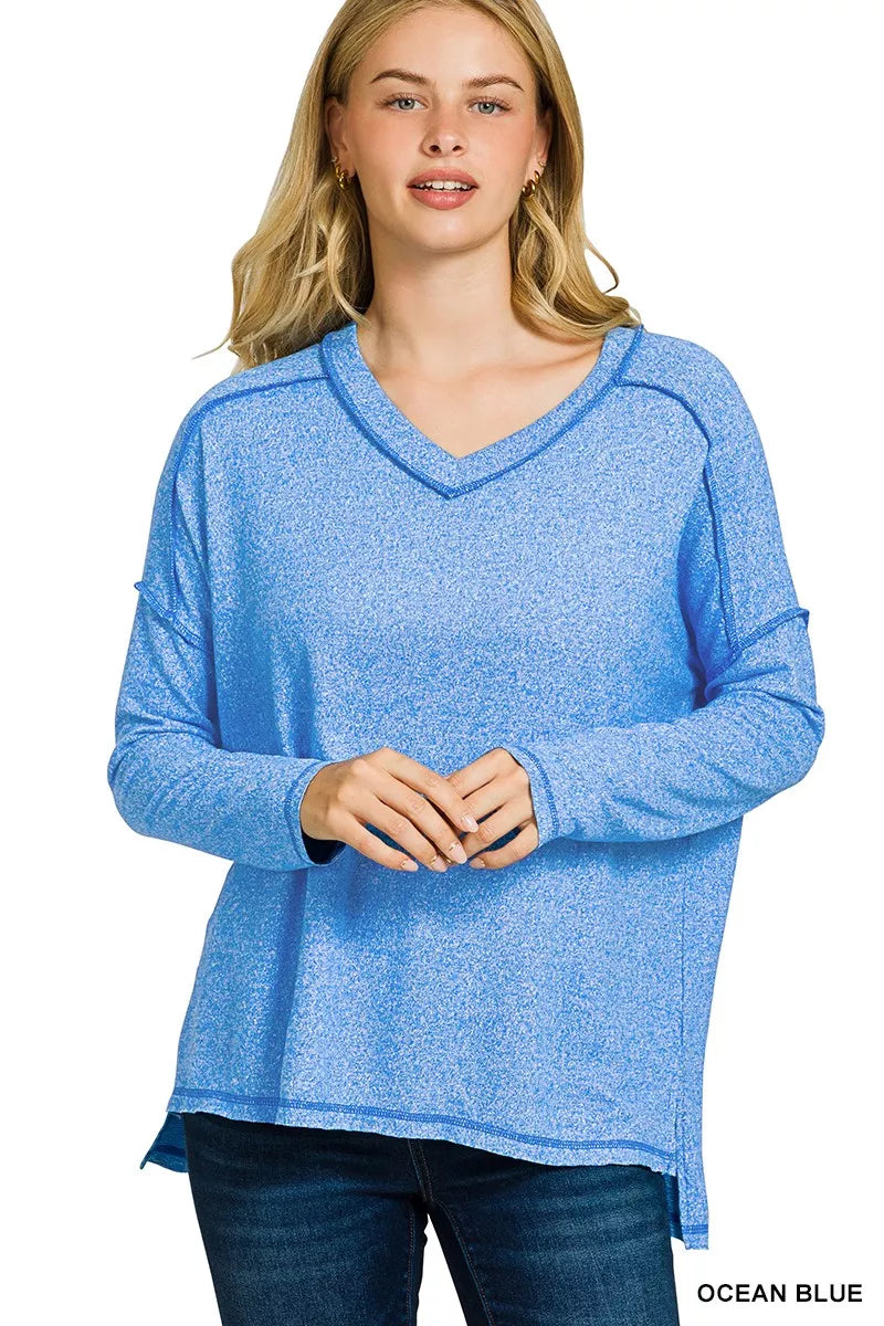 Zenana Soft Melange Hacci Exposed Seam Hi-low Tee