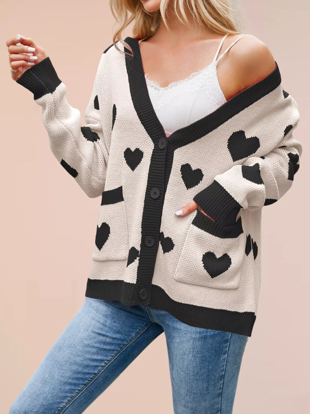 Heart Pattern Button-Up Knit Cardigan