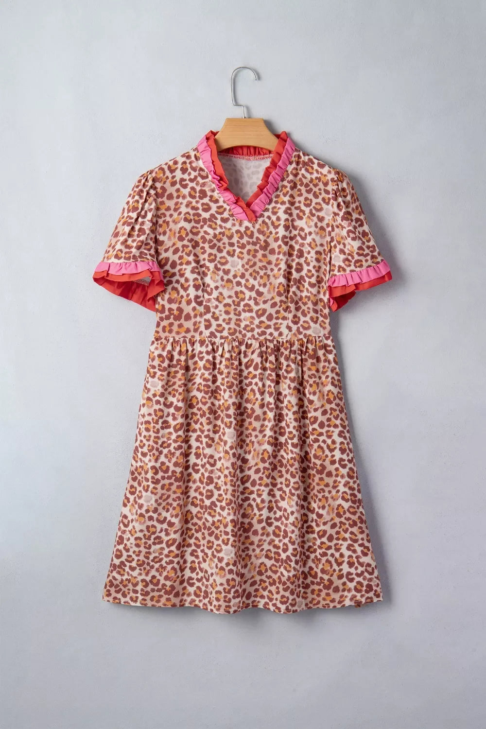 Leopard High Waist Ruffled Colorblock Trim Short Dress