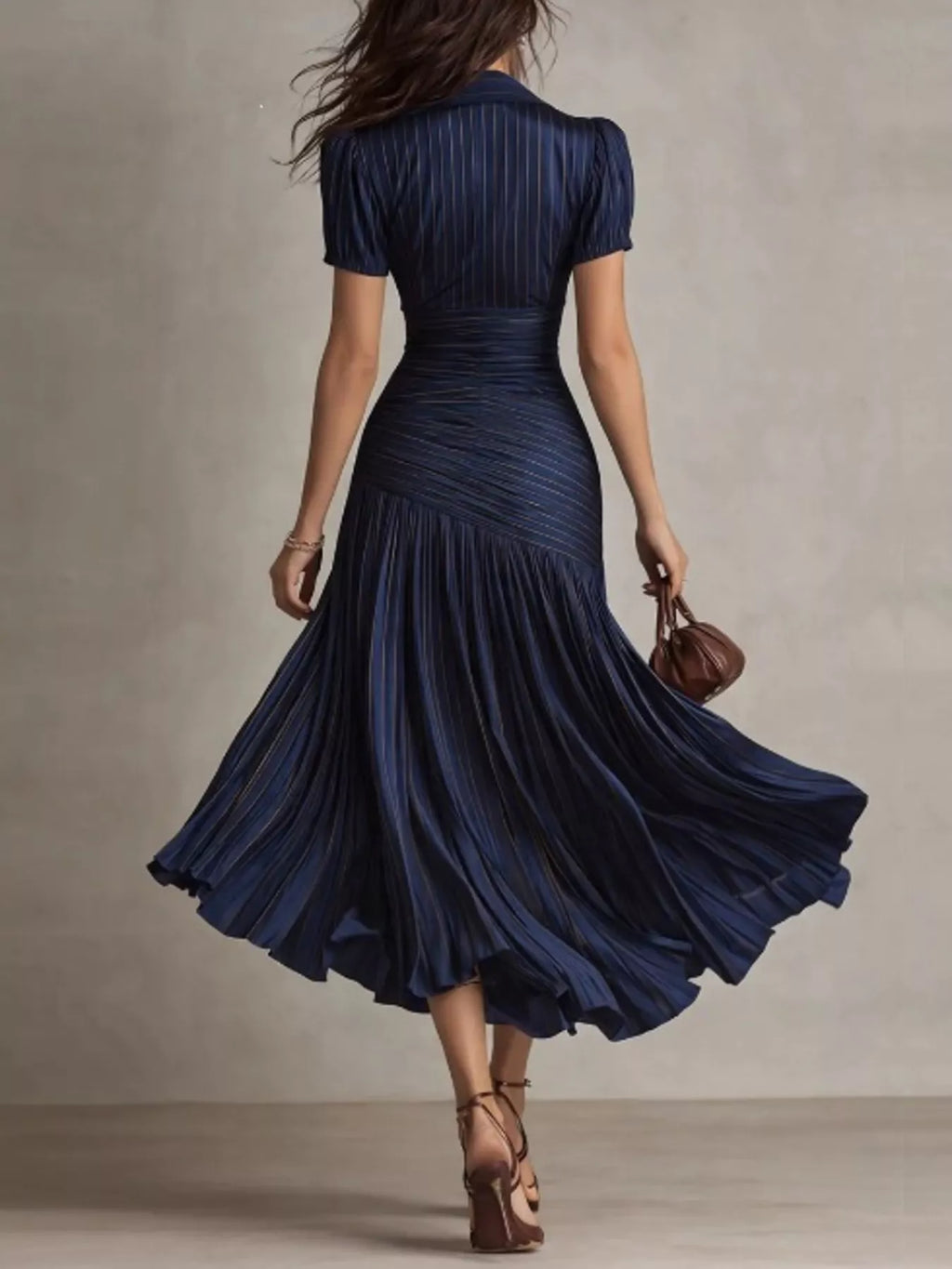 Pleated Striped Short Sleeve Midi Dress