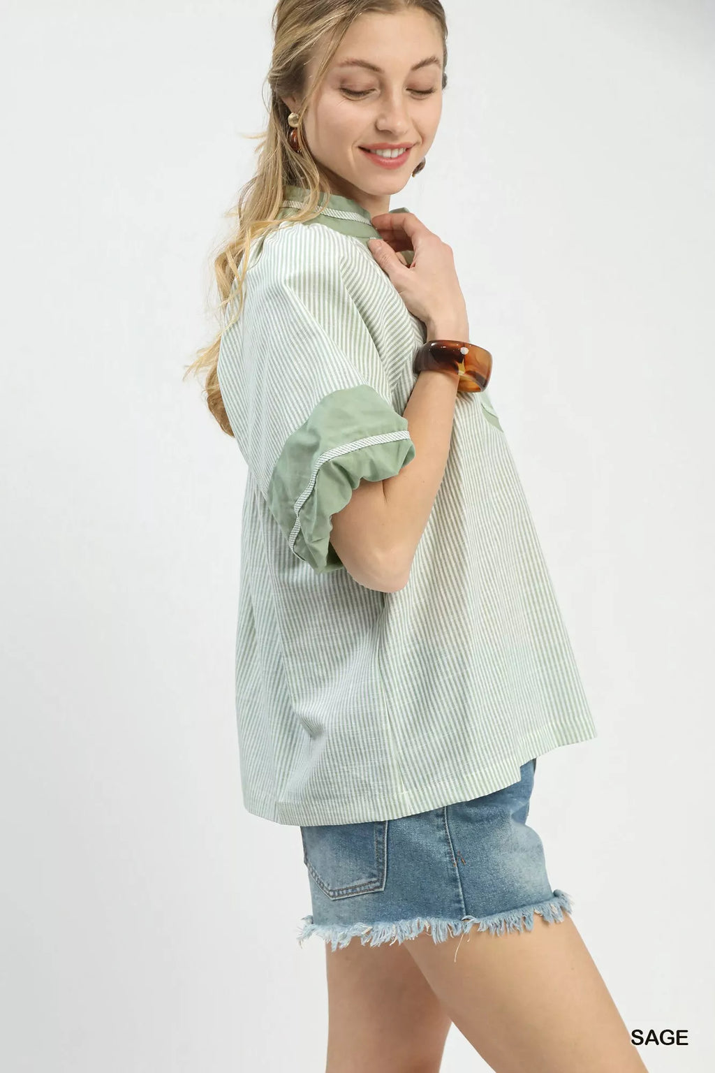 Umgee Striped Mixed Puff Sleeve Blouse