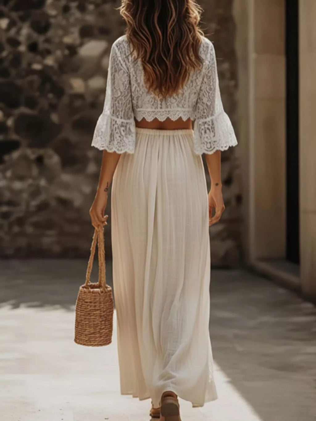 Lace Crop Top and Slit Maxi Skirt Set