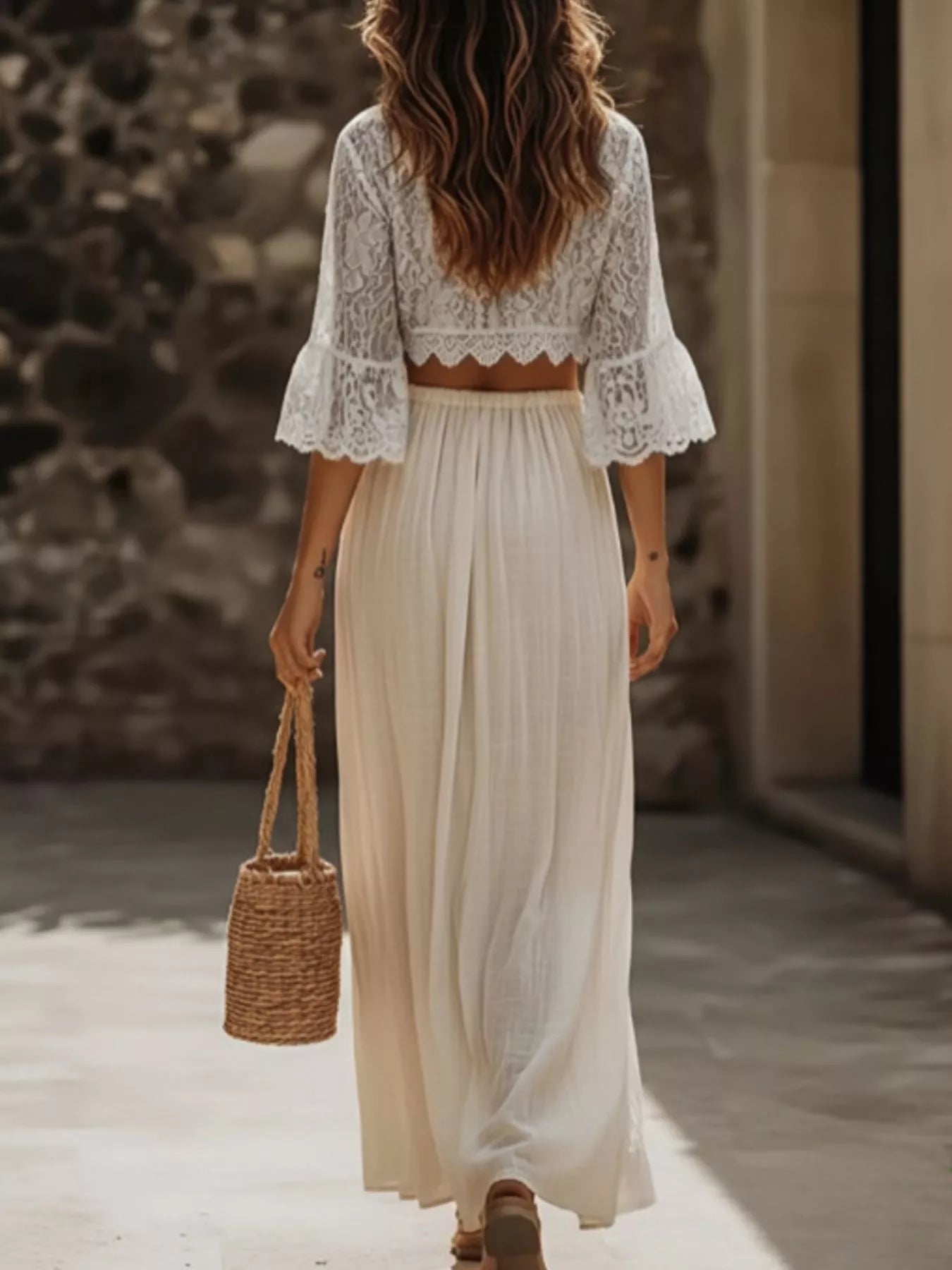 Lace Crop Top and Slit Maxi Skirt Set