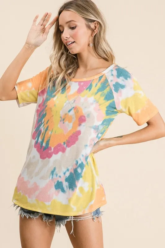 BiBi Tie Dye Print Short Sleeve T-Shirt with Raglan Sleeves