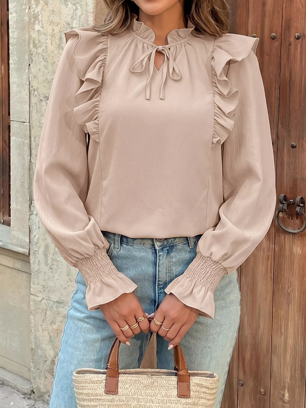 Ruffled Tie Neck Long Sleeve Blouse
