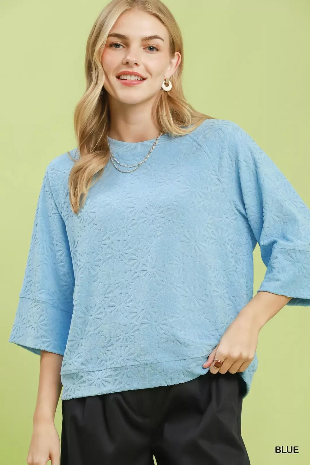 Umgee Round Neck Textured Floral Terry Blouse
