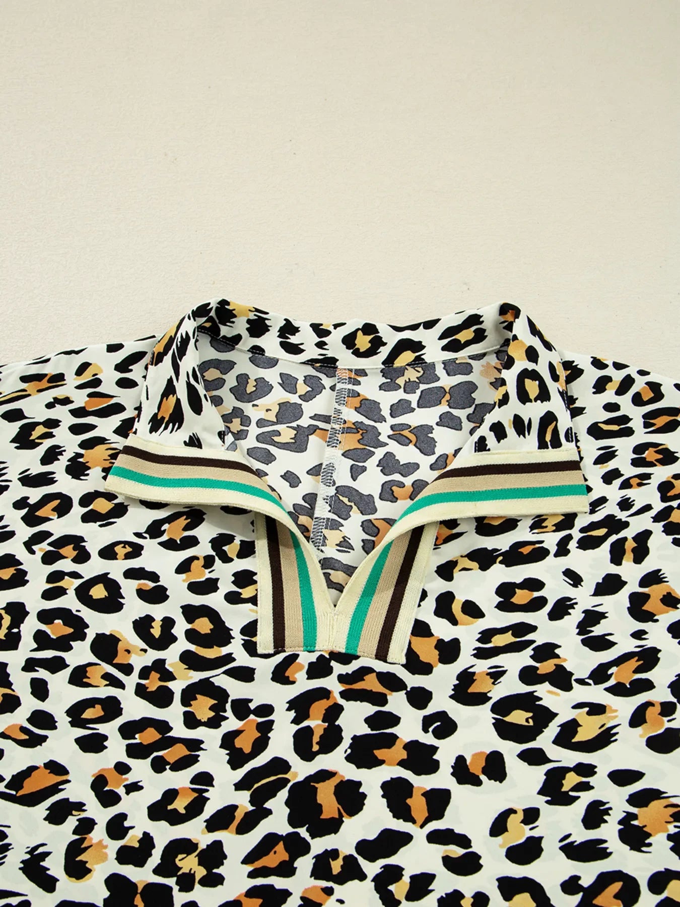 Leopard Print Contrast Striped V Neck Blouse