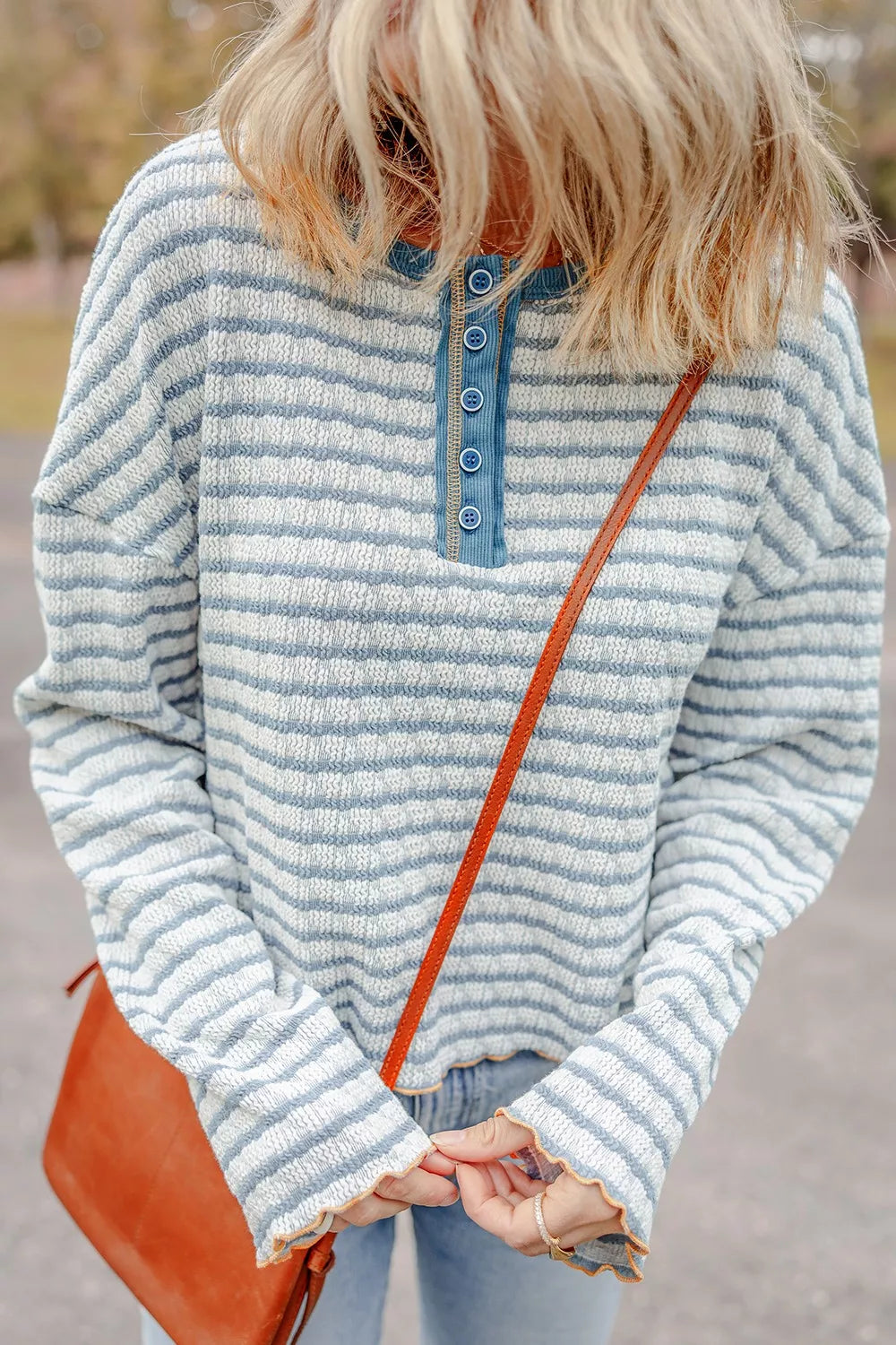 Striped Textured Knit Button Detail Top