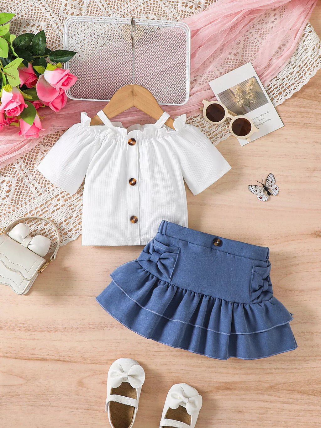 Children's Off-Shoulder Top and Ruffled Denim Skirt Set