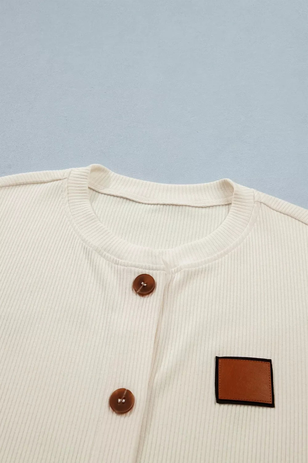 Ribbed Knit Button-Down Shirt with Denim Sleeves