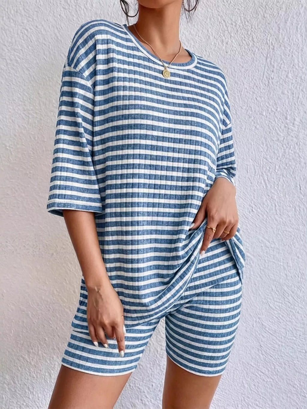 Striped Round Neck Top and Shorts Set