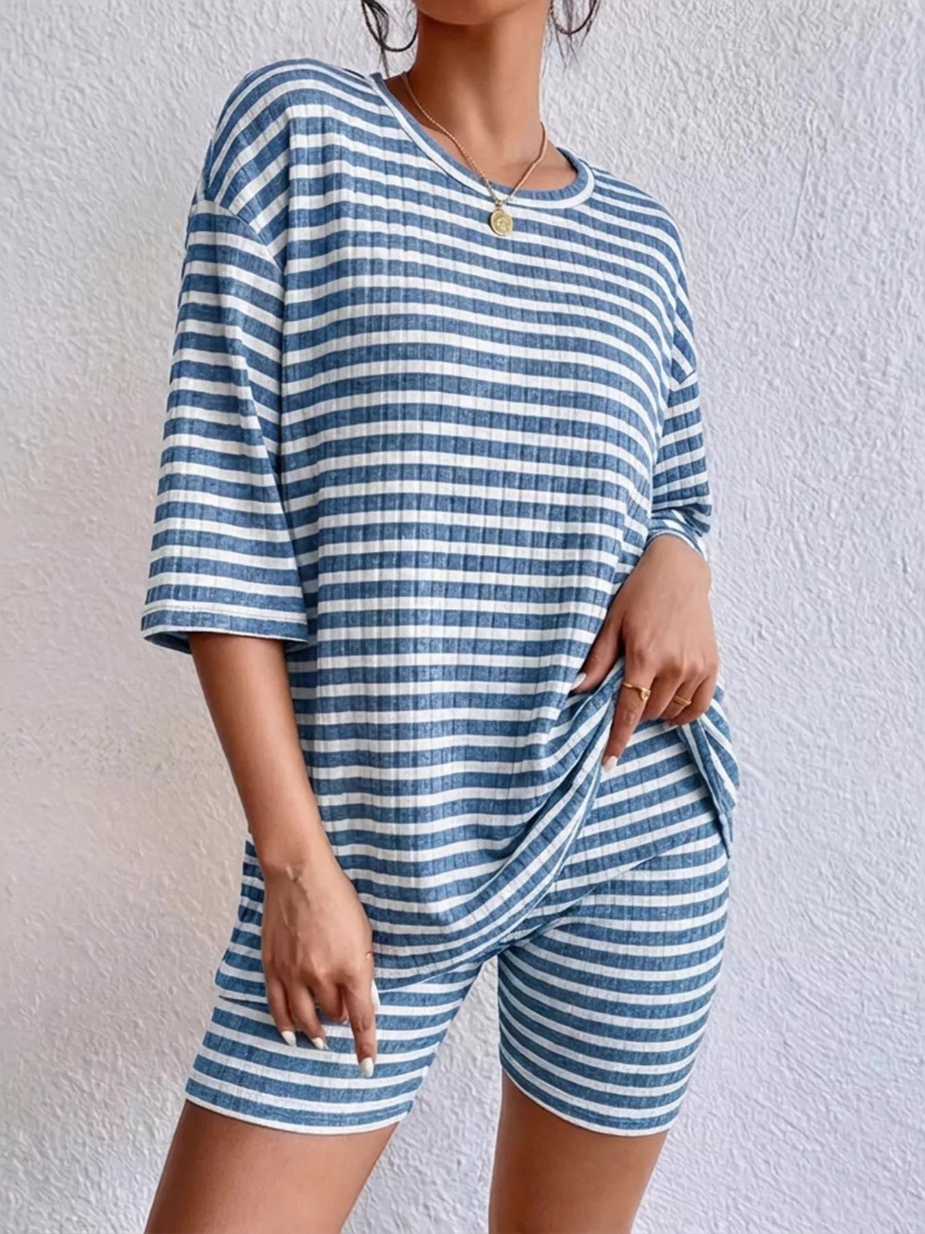 Striped Round Neck Top and Shorts Set