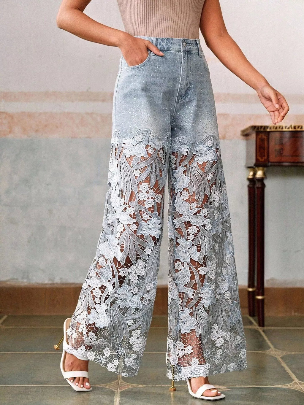 Lace Wide-Leg Jeans