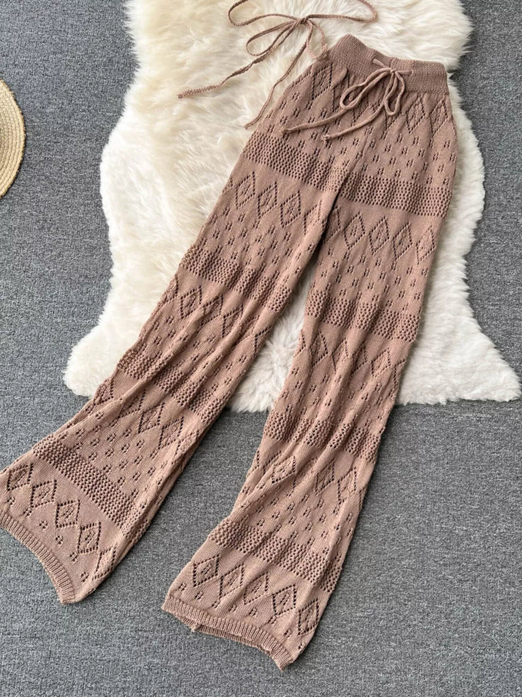 Crochet Knit Halter Neck Top and Wide Leg Pants Set