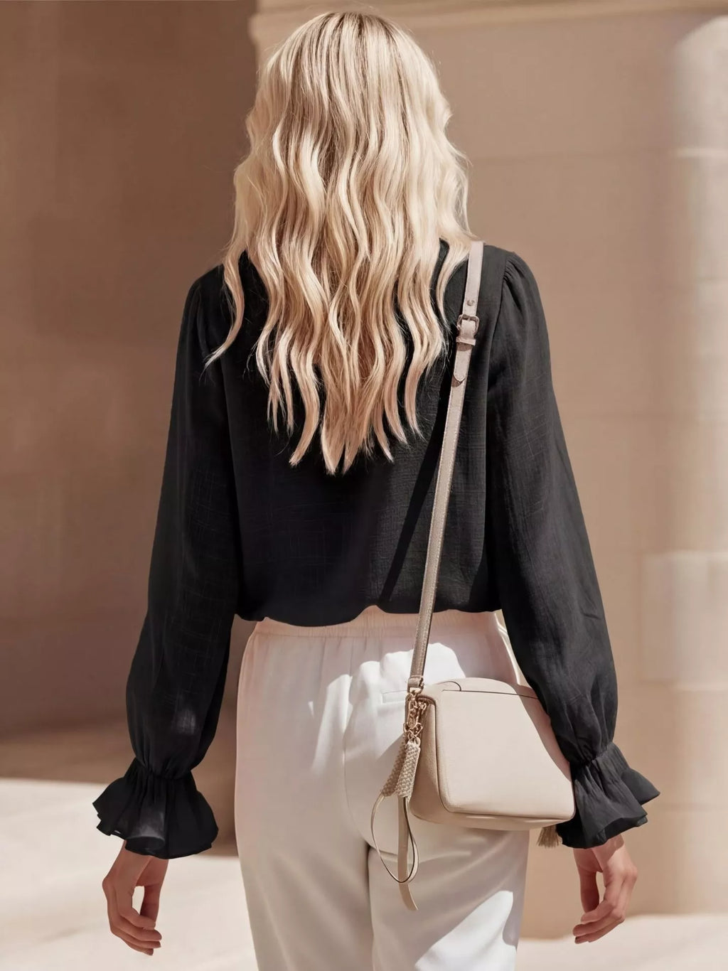 Ruffled V-Neck Long Sleeve Blouse
