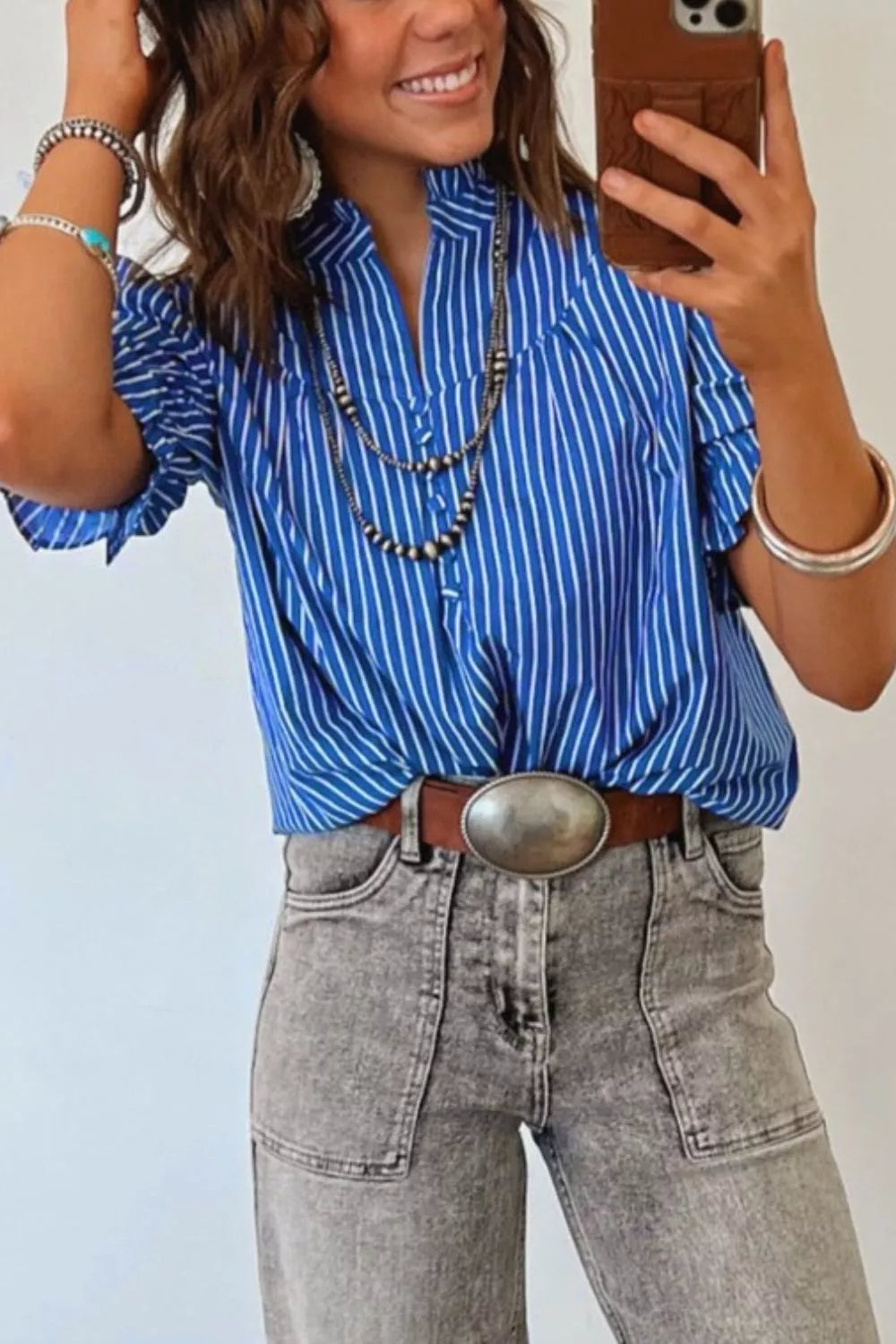 Stripe Ruffled Short Puff Sleeve Button Front Blouse