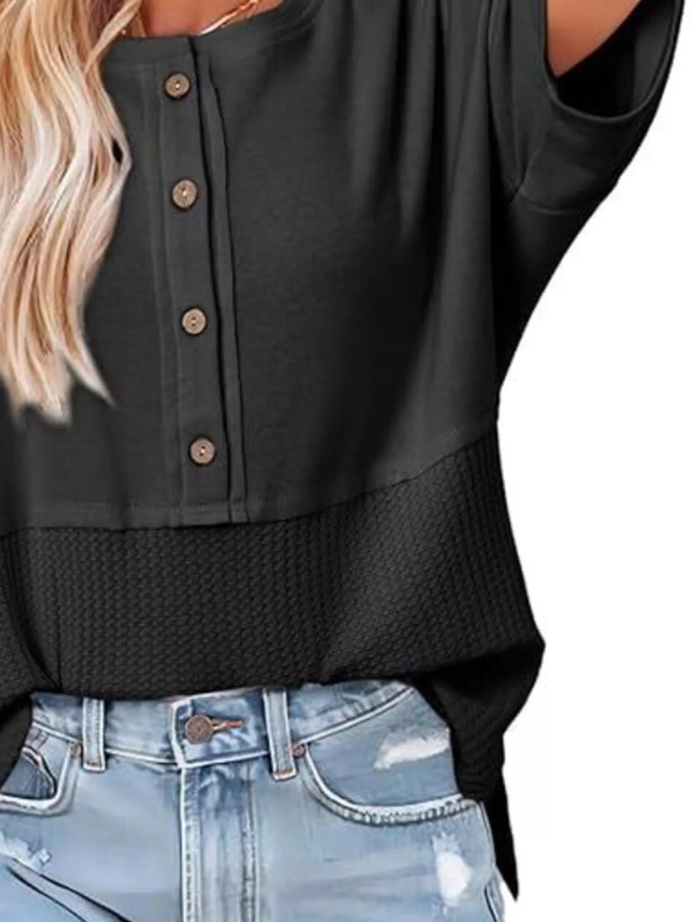 Button Detail Texture Knit T-Shirt
