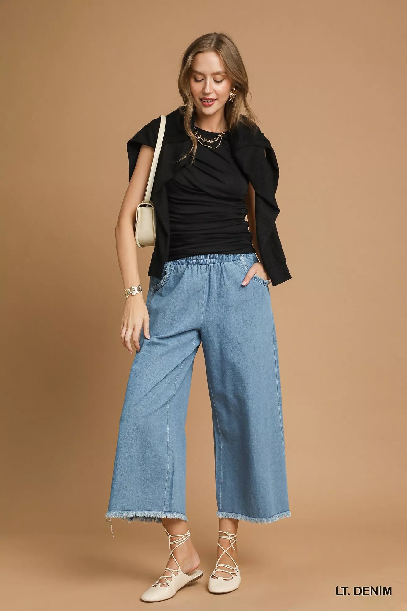 Umgee Washed Fringe Hem Wide Leg Jeans